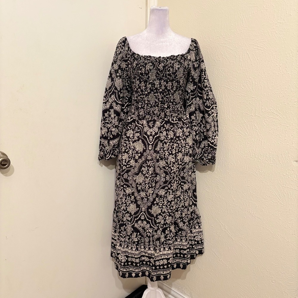 The Pioneer Woman Black White Floral Paisley Smocked‎ Puff Sleeve Midi Dress XXL